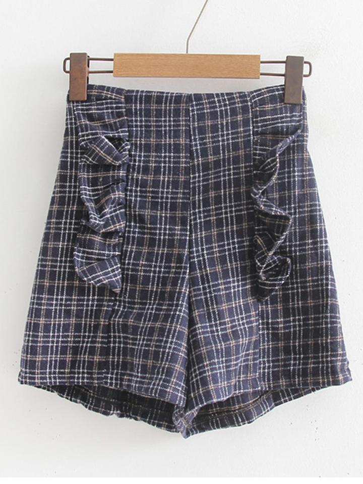 Romwe Ruffle Detail High Waist Plaid Shorts