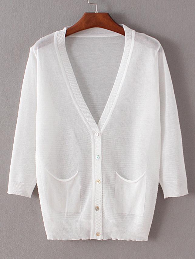 Romwe White Collarless Buttons Front Pockets Coat