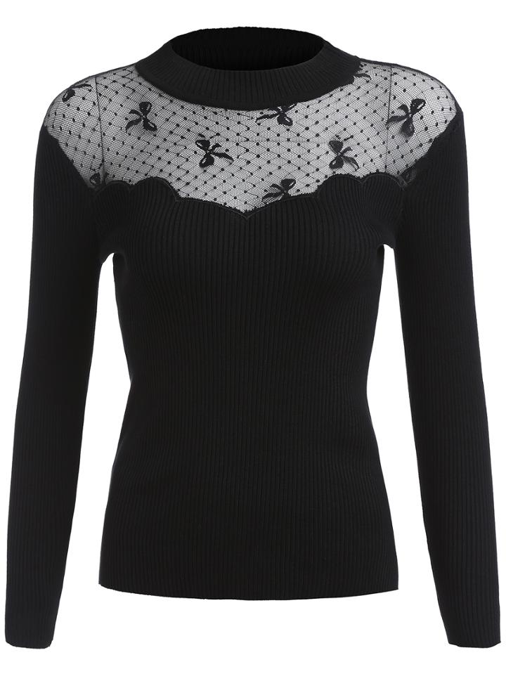 Romwe Lace Insert Slim Black Sweater