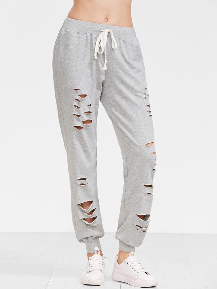 Romwe Heather Grey Distressed Drawstring Sweatpants
