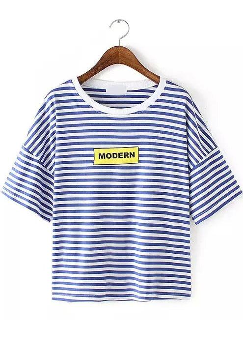 Romwe Striped Letter Print Blue T-shirt