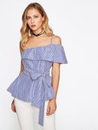 Romwe Frill Layered Vertical Striped Knotted Top