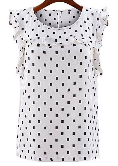 Romwe Ruffle Sleeve Polka Dot Chiffon White Top