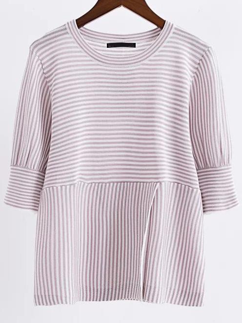 Romwe Pink Striped Round Neck Split Front Knitwear