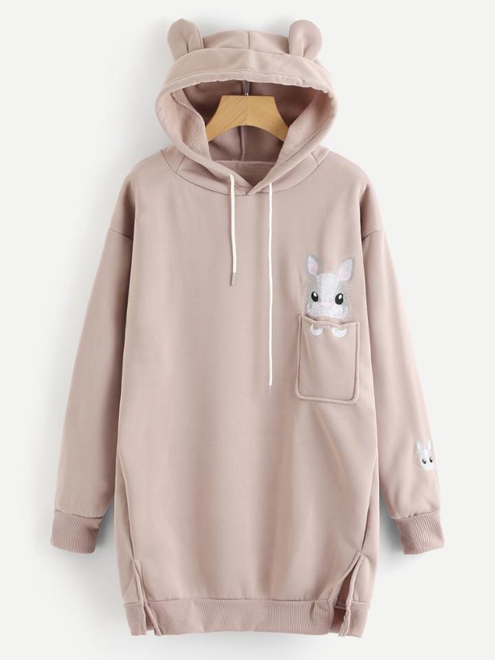 Romwe Split Side Mouse Embroidered Hoodie