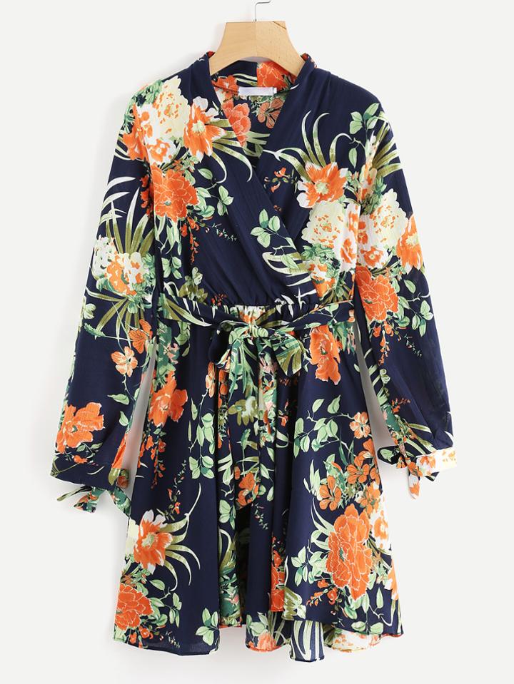Romwe Self Tie Waist Floral Print Dress