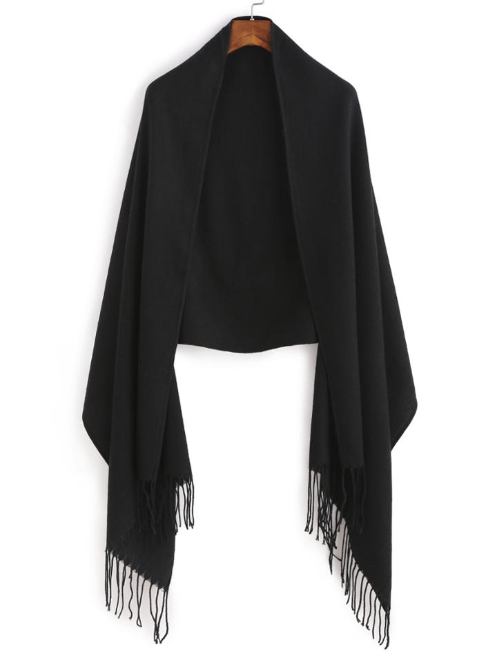 Romwe Black Long Fringe Shawl Scarf