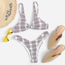 Romwe Plaid Top With High Cut Bikini Set
