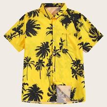 Romwe Guys Coconut Trees Print Pocket Front Shirt