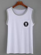 Romwe White Contrast Trim Alien Print Pocket Sleeveless T-shirt