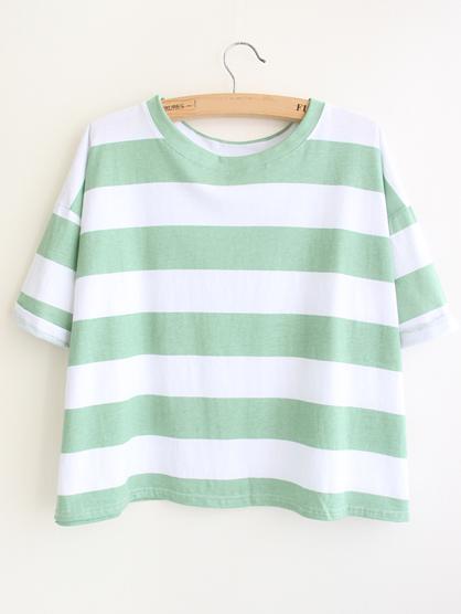Romwe Striped Loose Green T-shirt