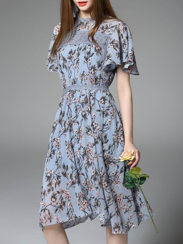 Romwe Blue Print Pleated A-line Dress