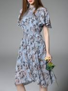 Romwe Blue Print Pleated A-line Dress