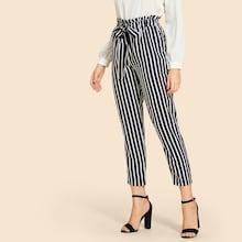 Romwe Self Tie Frill Trim Striped Pants