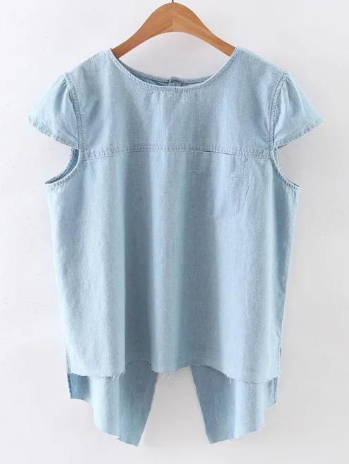 Romwe Blue Cap Sleeve Open Back Blouse