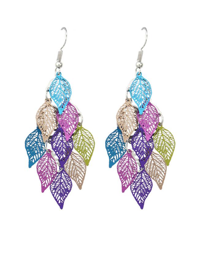 Romwe Colorful Long Drop Leaf Shape Earrings