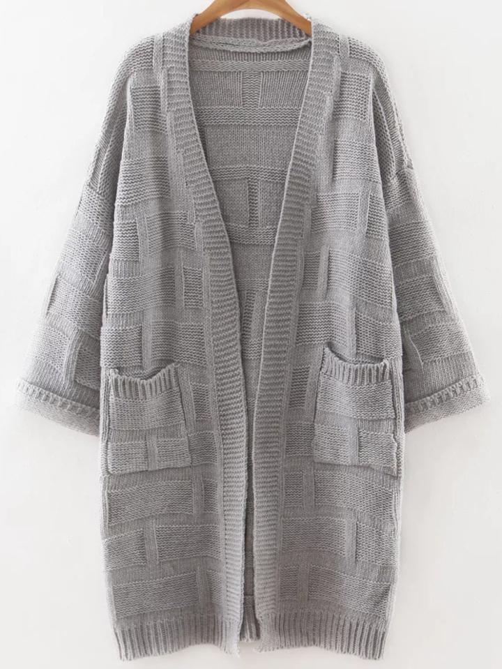 Romwe Grey Collarless Drop Shoulder Pocket Long Textured Cardigan