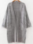 Romwe Grey Collarless Drop Shoulder Pocket Long Textured Cardigan