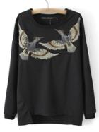 Romwe Black Dip Hem Long Sleeve Birds Embroidery Sweatshirt