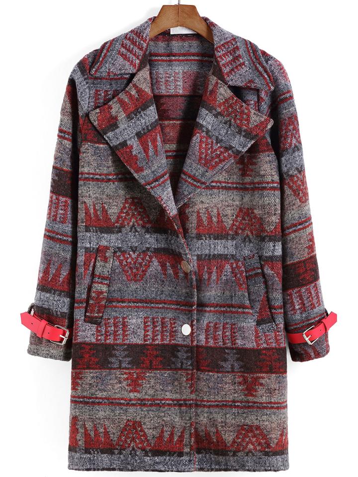 Romwe Lapel Tribal Print Belt Buckle Coat