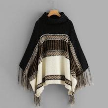 Romwe Fringe Trim Poncho Sweater