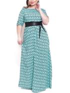 Romwe Round Neck Print Plus Maxi Pale Blue Dress