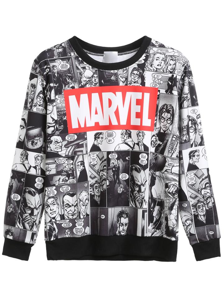 Romwe Contrast Trim Comic And Letter Print Sweatshirt
