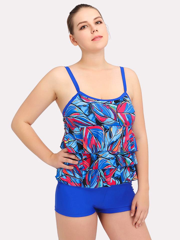 Romwe Leaf Print Layered Tankini Set