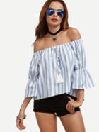 Romwe Blue Striped Off The Shoulder Bell Sleeve Blouse