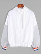 Romwe White Striped Trim Sheer Sleeve Drawstring Hooded Jacket