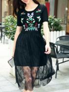 Romwe Black Round Neck Short Sleeve Embroidered Contrast Lace Knit Dress