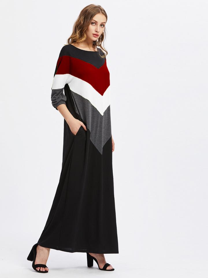 Romwe Cut And Sew Chevron Maxi Dress