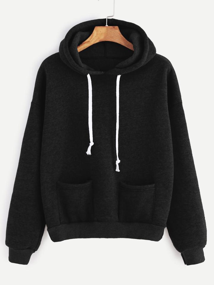 Romwe Black Drop Shoulder Dual Pocket Drawstring Hooded Sweatshirt