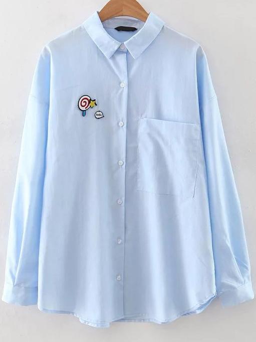 Romwe Blue Patch Curved Hem Blouse With Pocket