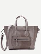 Romwe Grey Embossed Pu Front Zipper Tote Bag With Strap