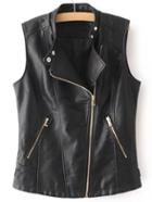 Romwe Black Oblique Zipper Pu Vest With Buckle