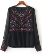 Romwe Black Floral Embroidery Mesh Blouse