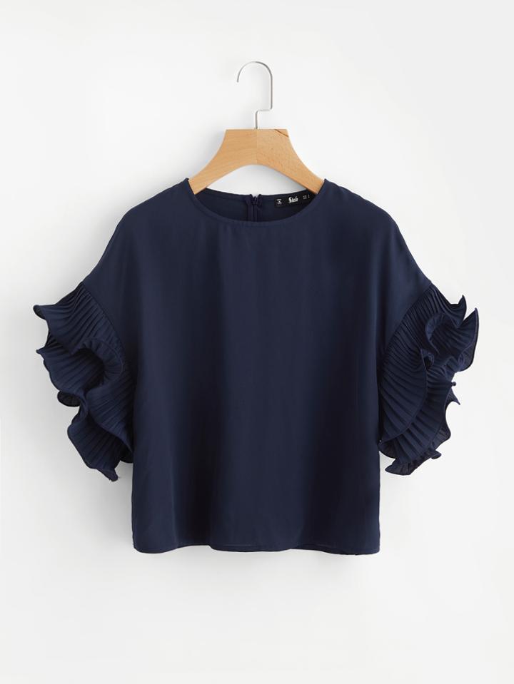 Romwe Layered Pleated Lettuce Hem Ruffle Sleeve Top