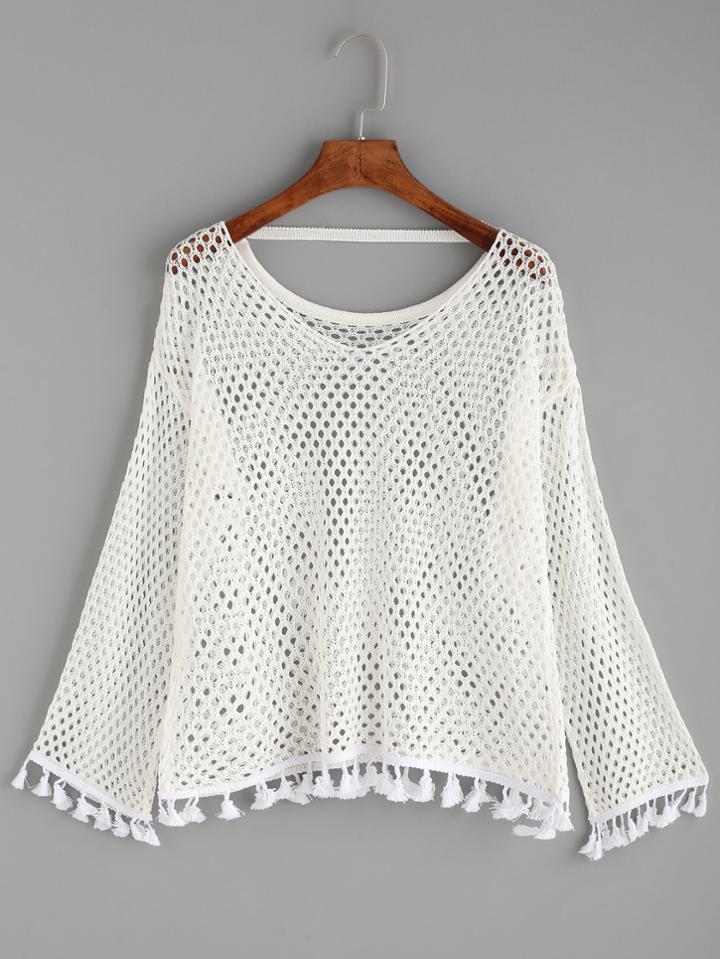 Romwe White Eyelet Tassel Trim Knitted Top