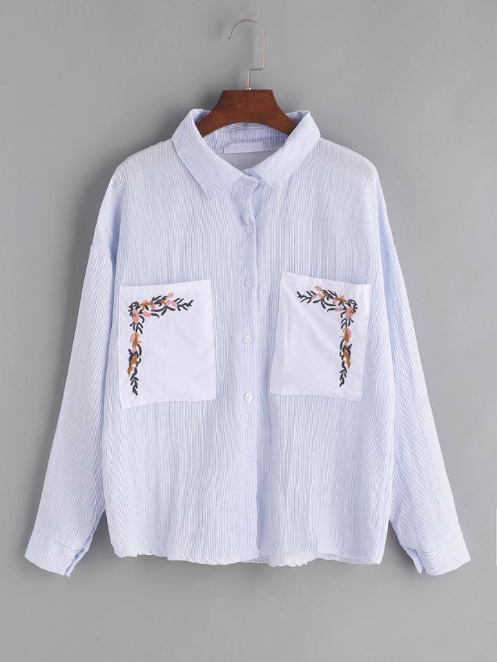 Romwe Blue Striped Embroidered Pockets Shirt