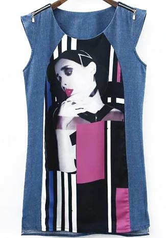 Romwe With Zipper Contrast Chiffon Denim Dress
