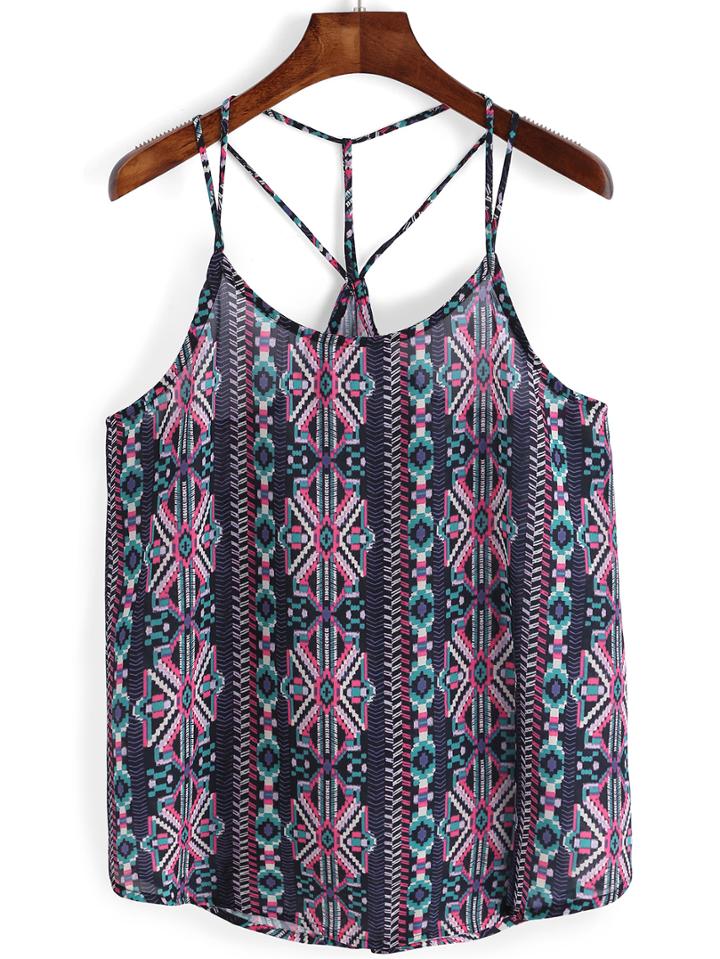 Romwe Spaghetti Strap Geometric Print Chiffon Cami Top