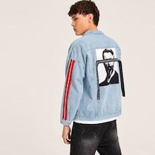 Romwe Guys Figure Print Striped Side Letter Tape Denim Jacket
