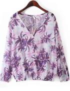 Romwe Purple V Neck Long Sleeve Tree Print Blouse