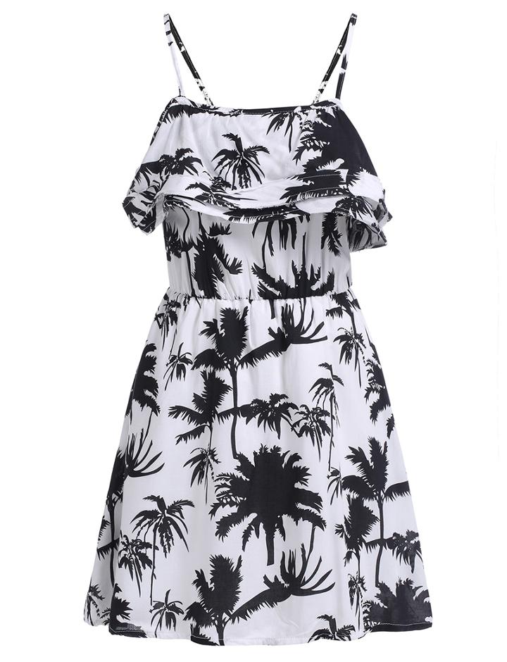 Romwe Spaghetti Strap Tree Print Ruffle Black Dress