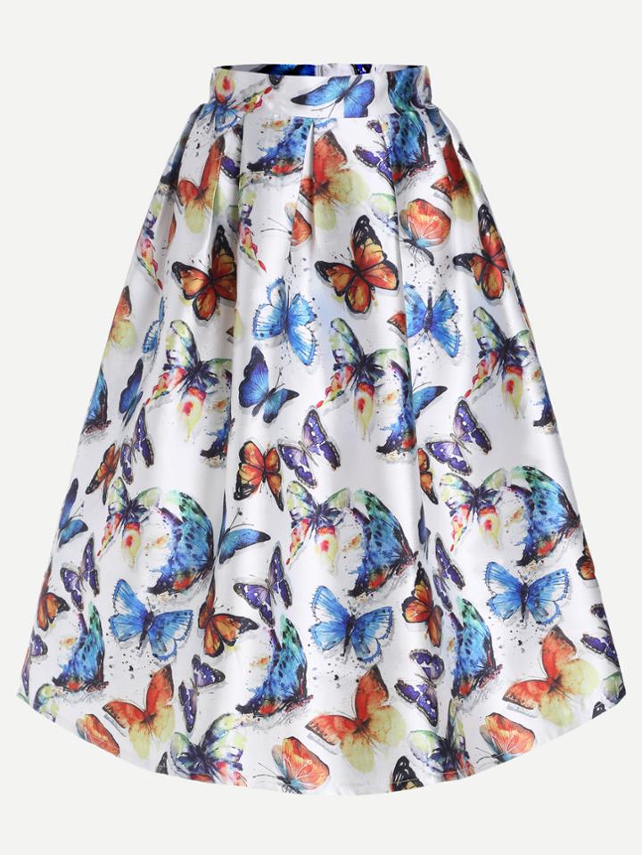 Romwe White Butterfly Print Box Pleated Midi Skirt
