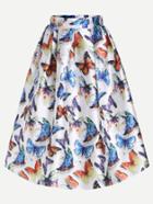 Romwe White Butterfly Print Box Pleated Midi Skirt