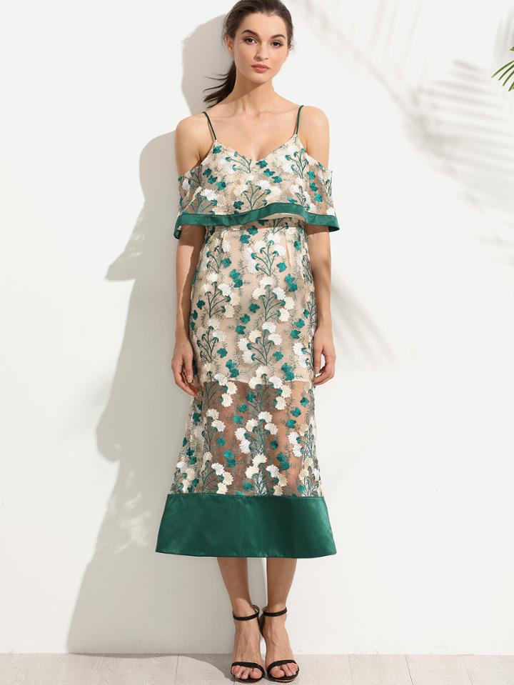 Romwe Cold Shoulder Embroidered Organza Overlay Dress