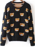 Romwe Bear Print Black Sweater