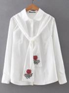 Romwe White Blouse With Embroidered Tie